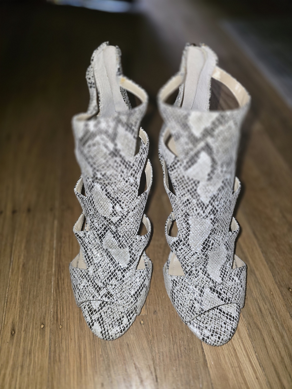 BCBGeneration White Snake-Print Cutout Heels